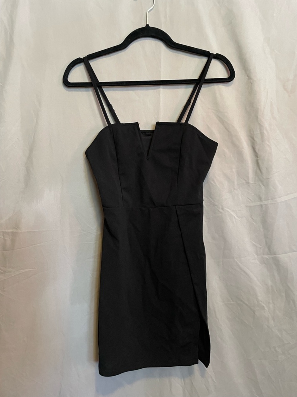Black Spaghetti Strap Dress - Women V Cut Neckline Zipper Side